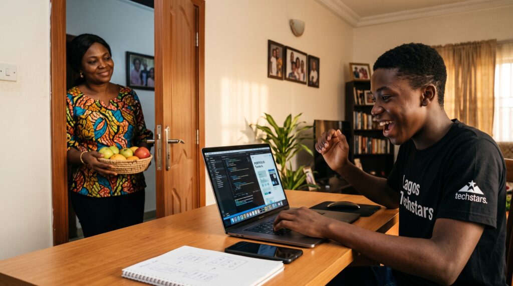 A Teenager sitting and have his laptop in font of him. busy working on the laptop with an excitement face while his mum looking at him from the door side